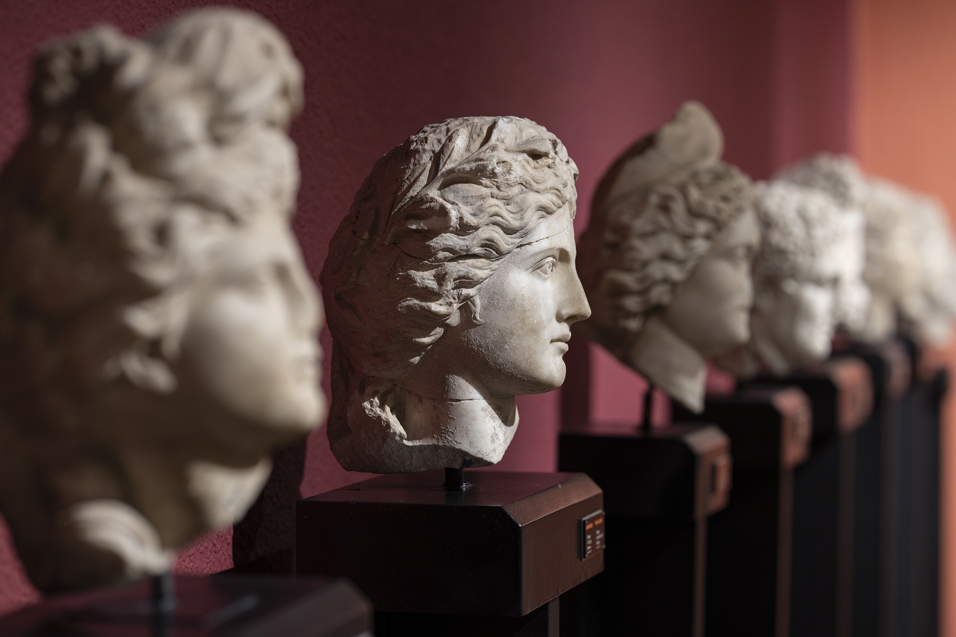 Row of classical marble-style busts on black pedestals