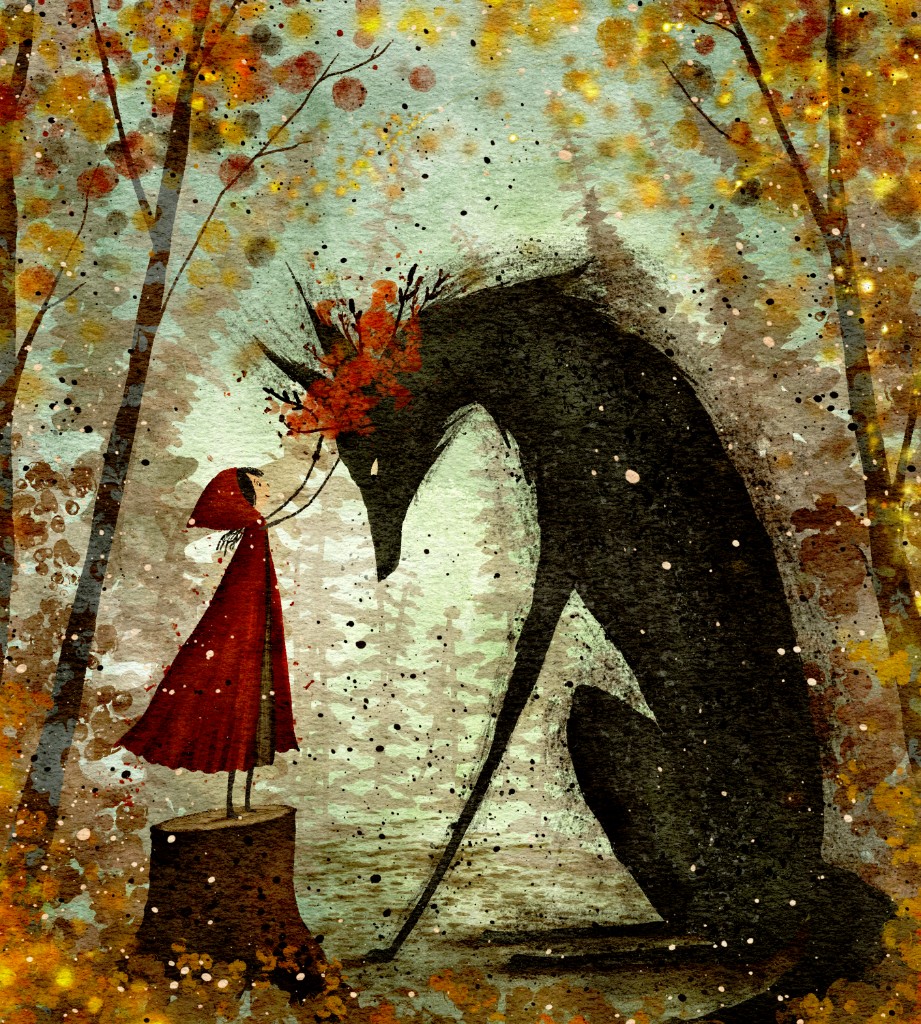 Fairytale illustration of Little Red Riding Hood meeting a crowned wolf in an autumn wood